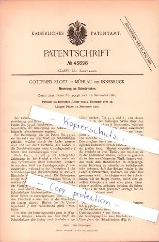 Original Patent - Gottfried Klotz in Mühlau bei Innsbruck , 1887 , Neuerung an Schnürhaken !!!