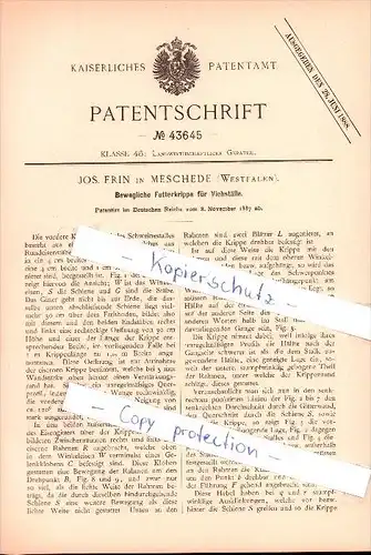 Original Patent -  Jos. Frin in Meschede , Westfalen ,1887 ,  Bewegliche Futterkrippe für Viehstall , Landwirtschaft !!