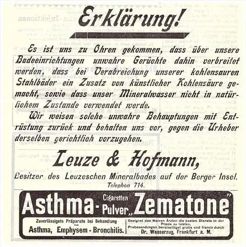original Werbung - 1905 - Leuze & Hoffmann , Mineralbad Leuze , Stuttgart , Berger Insel , Kur , Arzt , Apotheke !!!