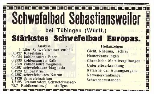 original Werbung - 1914 - Schwefelbad Sebastiansweiler b. Mössingen , Tübingen , Kur , Arzt , Apotheke !!!