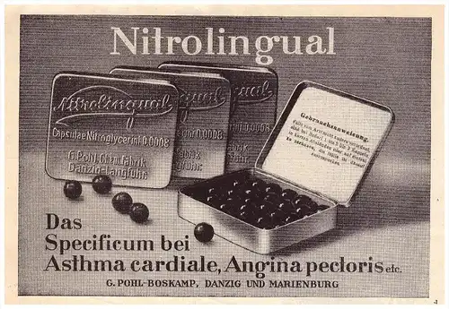 original Werbung - 1935 - Nitrolingual , Asthma , Angina , G. Pohl - Boskamp , Danzig , Marienburg , Arzt , Apotheke !!