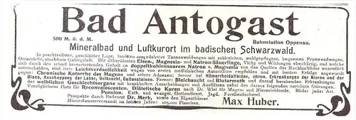 original Werbung - 1905 - Mineralbad Bad Antogast b. Oppenau , M. Huber , Arzt , Apotheke !!!