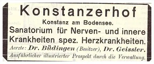 original Werbung - 1905 - Konstanzerhof , Sanatorium , Konstanz a. Bodensee , Dr. Geissler , Arzt , Apotheke !!!