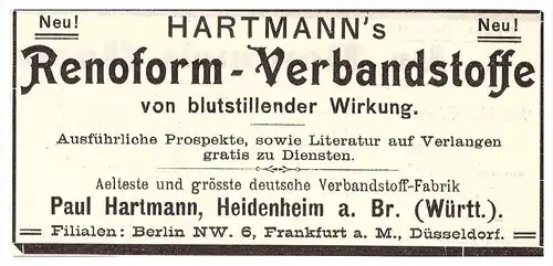 original Werbung - 1905 - Hartmann Verbandsstoffe , RENOFORM , Heidenheim , Arzt , Apotheke !!!