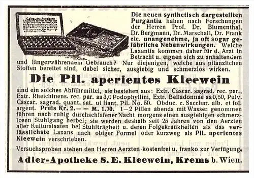 original Werbung - 1914 - Adler Apotheke Krems b. Wien , S.E. Kleewein , Kur , Arzt , Apotheke !!!
