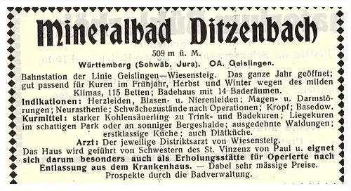 original Werbung - 1914 - Mineralbad Ditzenbach , Kur , Arzt , Apotheke !!!