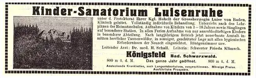 original Werbung - 1914 - Kindersanatorium Luisenruhe in Königsfeld i. Schwarzwald , Kur , Arzt , Apotheke !!!