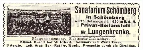 original Werbung - 1914 - Sanatorium Schömberg i. Schwarzwald , Heilanstalt , Arzt , Apotheke !!!