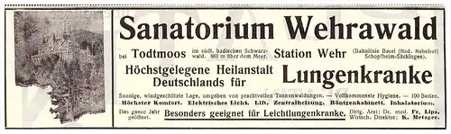 original Werbung - 1914 - Sanatorium Wehrawald b. Todtmoos , Station Wehr , Kur , Arzt , Apotheke !!!