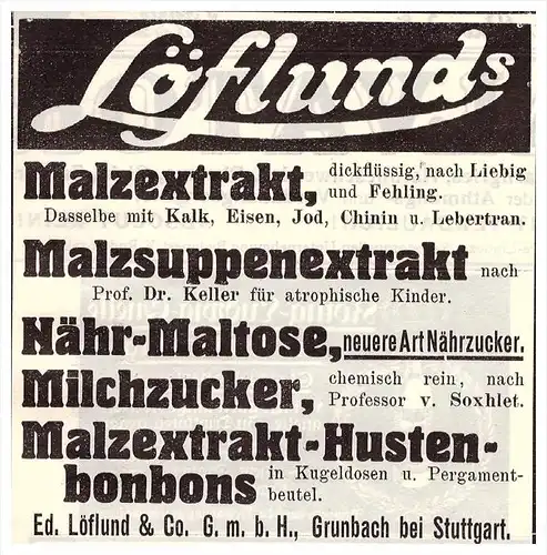 original Werbung - 1914 - Grunbach b. Stuttgart , E. Löflund & Co. , Malz , Malzextrakt , Arzt , Apotheke !!!