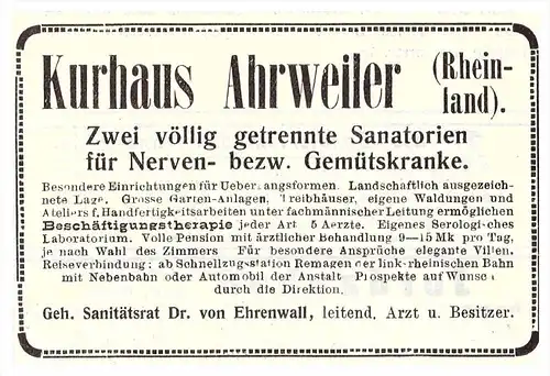 original Werbung - 1914 - Kurhaus Ahrweiler , Bad Neuenahr , Dr. von Ehrenwall , Kur , Arzt , Apotheke !!!