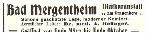 original Werbung - 1914 - Bad Mergentheim , Dr. Bofinger , Diät , Kur , Arzt , Apotheke  !!!