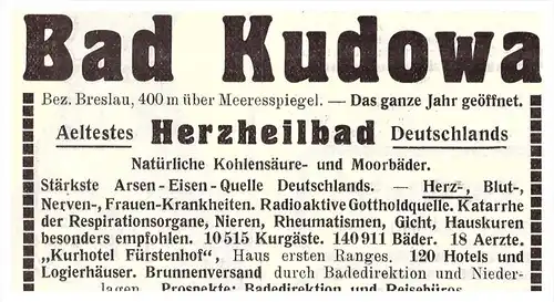 original Werbung - 1914 - Bad Kudowa / Kudowa Zdroj , Herzheilbad , Kur , Arzt , Apotheke  !!!
