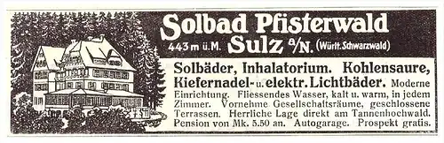 original Werbung - 1914 - Solbad Pfisterwald , St. Märgen , Sulz a.N. , Kur , Arzt , Apotheke  !!!