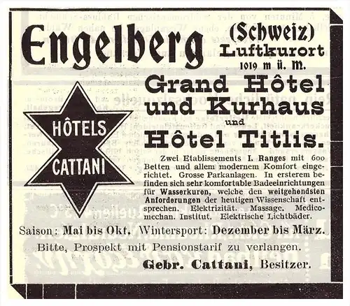 original Werbung - 1914 - Engelberg , Schweiz , Hotel und Kurhaus , Kur , Gebr. Cattani !!!