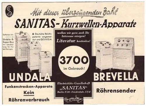 original Werbung - 1935 - SANITAS - Kurzwellenapparat , Brevella , Berlin , Arzt , Apotheke !!