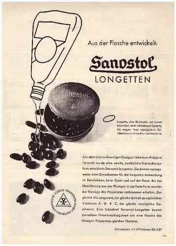 original Werbung - 1935 - SANOSTOL Longetten , Vitamin , chem. Fabrik Hamburg , Arzt , Apotheke !!