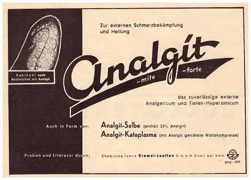 original Werbung - 1935 - ANALGIT , Anal - Salbe , Krewel - Leuffen , Eitorf b. Köln  , Arzt , Apotheke !!!