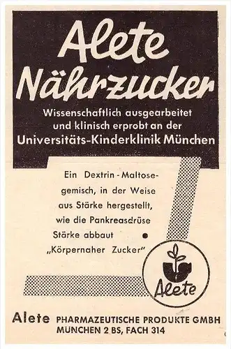 original Werbung - 1935 - ALETE Nährzucker , Babynahrung , Kinderklinik München , Arzt , Apotheke !!!