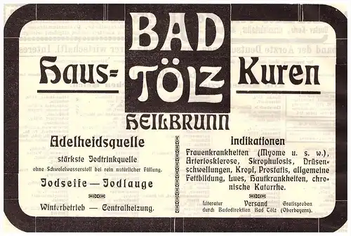 original Werbung - 1914 - Bad Tölz , Hauskuren , Heilbrunn , Jod , Arzt , Apotheke !!!