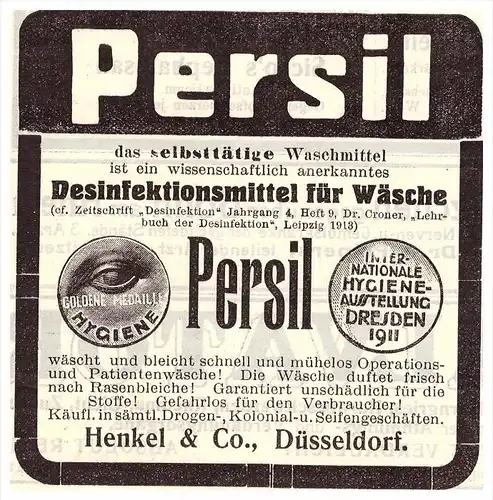 original Werbung - 1914 -  PERSIL , Waschmittel , Henkel & Co in Düsseldorf , Desinfektion !!!