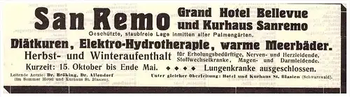 original Werbung - 1914 - Kurhaus San Remo St. Blasien , Schwarzwald , Arzt , Apotheke !!!