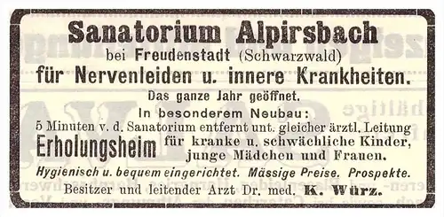 original Werbung - 1914 - Sanatorium Alpirsbach b. Freudenstadt , Nervenarzt , Arzt , Apotheke !!!
