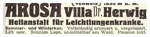 original Werbung - 1914 - Arosa , Villa Dr. Herwig , Heilanstalt für Lungenkranke , Arzt , Apotheke !!!