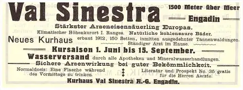 original Werbung - 1914 - Val Sinestra , Engadin , Kurhaus , Kur , Arzt , Apotheke !!!