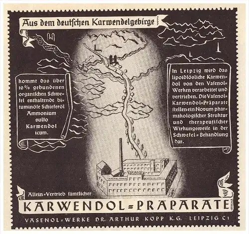 original Werbung - 1938 - KARWENDOL Präparate , Dr. A. Köpp in Leipzig , Karwendelgebirge , Vasenol  Arzt , Apotheke !!!