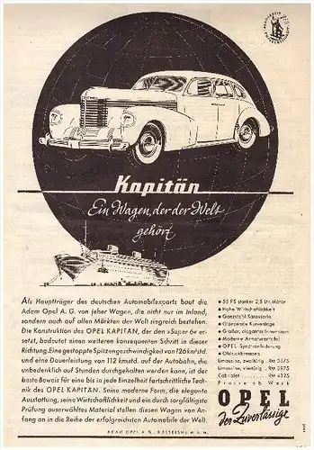 original Werbung - 1938 - OPEL KAPITÄN - Rüsselsheim A.G. , Oldtimer !!