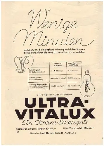 original Werbung - 1938 - OSRAM , Ultra-Vitalux , Berlin , Arzt , Apotheke !!