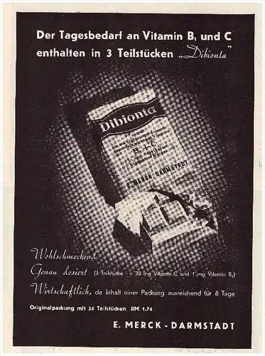 original Werbung - 1938 - DIBIONTA - Schokolade , E. Merck in Darmstadt , Vitamin , Arzt , Apotheke !!