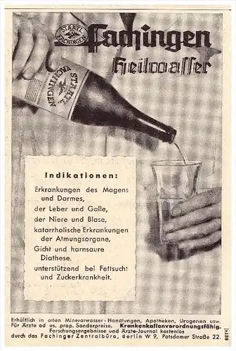 original Werbung - 1938 - Fachingen , Heilwasser , Wasser , Mineralwasser , Arzt , Apotheke !!