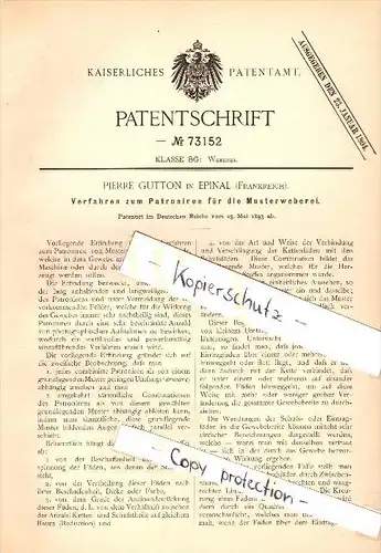 Original Patent - Pierre Gutton à Épinal , 1893 , Méthode pour motif de tissage !!!