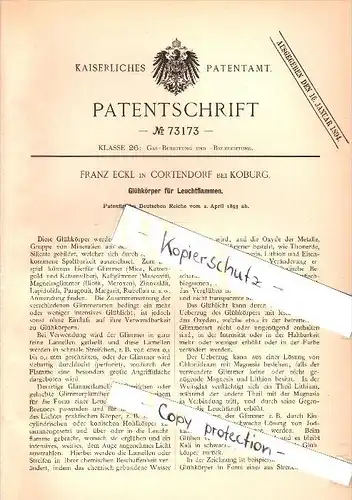 Original Patent - Franz Eckl in Cortendorf b. Coburg , 1893 , Glühkörper für Beleuchtung , Leuchten , Lampen !!!