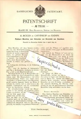 Original Patent - H. Möller in Grevenkop b. Krempe , 1893, Maschine für Brennholz , Sägewerk , Forst , Holz , Steinburg