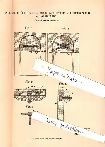 Original Patent - Carl Wellhöfer in Heidingsfeld b. Würzburg ,1893 , Türverschluß für Fässer , Weinfass , Wein , Lager !