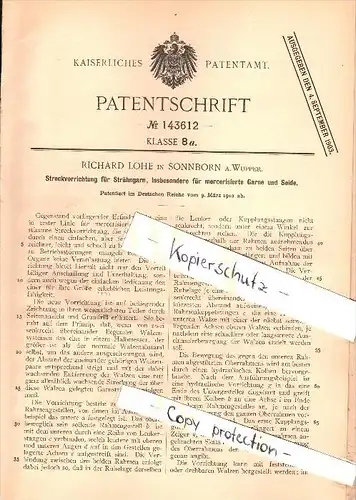 Original Patent - Richard Lohe in Sonnborn a. Wupper , 1902 , Strähngarn -  Apparat , Elberfeld , Wuppertal !!!