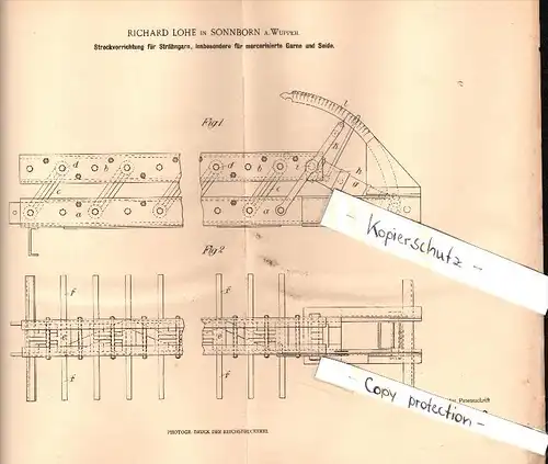 Original Patent - Richard Lohe in Sonnborn a. Wupper , 1902 , Strähngarn -  Apparat , Elberfeld , Wuppertal !!!