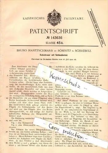 Original Patent - Bruno Hantzschmann in Sömnitz b. Schrebitz / Ostrau , 1902 , Kalkstreuer , Dünger , Landwirtschaft !!!
