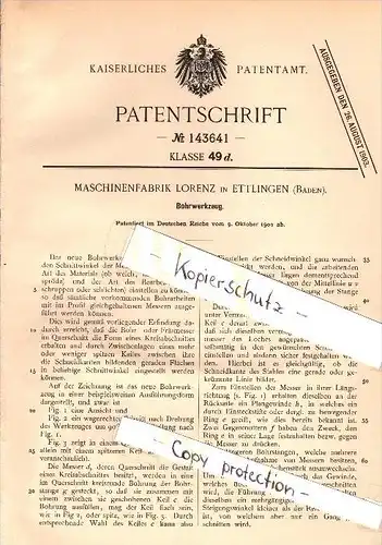 Original Patent - Maschinenfabrik Lorenz in Ettlingen , Baden ,1902, Bohr - Werkzeug , Bohrer , Maschinenbau , Metallbau