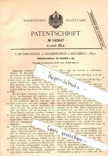 Original Patent - C.M. Tamaschke in Rhumspringe b. Herzberg i. Harz , 1902 , Sortierer für Holzstoff , Holz , Cellulose
