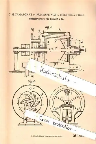 Original Patent - C.M. Tamaschke in Rhumspringe b. Herzberg i. Harz , 1902 , Sortierer für Holzstoff , Holz , Cellulose