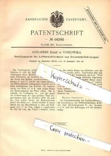 Original Patent - A. Baar in Vossowska / Fosowskie b. Colonnowska ,1887, Luftdruckbremse für Eisenbahn , Kolonowskie !!