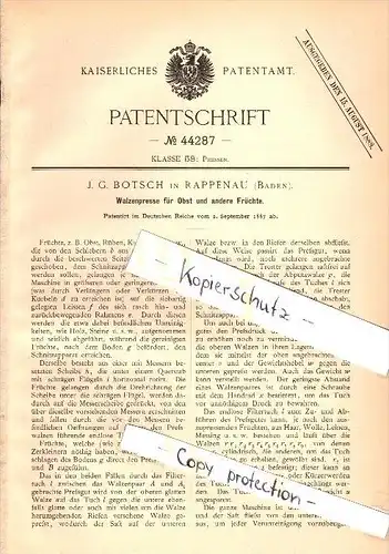 Original Patent - J.G. Botsch in Rappenau , Baden , 1887 , Walzenpresse für Obst , Presse , Obstbau !!