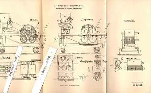 Original Patent - J.G. Botsch in Rappenau , Baden , 1887 , Walzenpresse für Obst , Presse , Obstbau !!