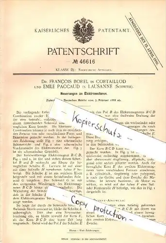 Original Patent - Dr. F. Borel in Cortaillod , 1888 , Elektromotor , Motor , moteur , Boudry , E. Paccaud in Lausanne !!