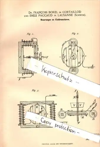 Original Patent - Dr. F. Borel in Cortaillod , 1888 , Elektromotor , Motor , moteur , Boudry , E. Paccaud in Lausanne !!