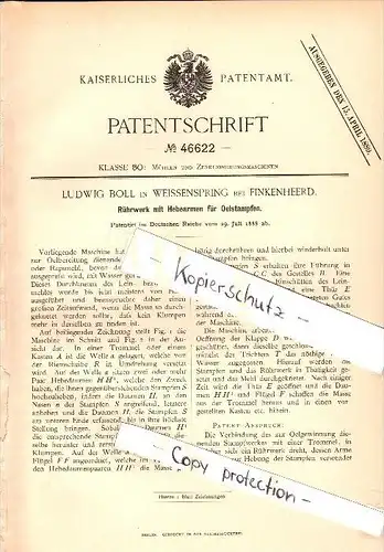 Original Patent - Ludwig Boll in Weißenspring / Groß Lindow bei Finkenheerd , 1888 , Rührwerk , Mühle , Brieskow !!!